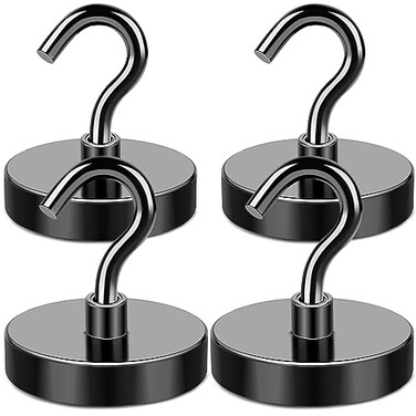 MIKEDE Magnetic Hooks 150LB Super Strong Magnet Hooks Heavy Duty for Cruise Essentials Black Neodymium Earth Magnets with Hook for Hanging Magnetic Metal Hanger for Fridge Toolbox 4 Pack