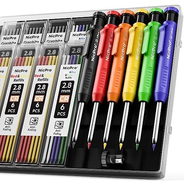 Nicpro 6 Pack Carpenter Pencil with Sharpener Mechanical Carpenter Pencils with 48 Refill BlackRedYellowBlueGreenWhite Deep Hole Marker Construction Pencil Heavy Duty Woodworking With Case