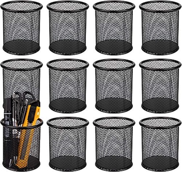 Nicunom 12 Pack Metal Pen Holder Wire Mesh Pen Cup Pencil Holder Pencil Cup for Desk Office Pen Organizer Black