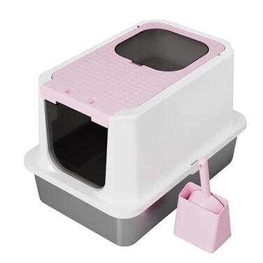 RIZZARI Extra Large Enclosed Cat Litter Box Pink Stainless Steel Top Entry Litter Pan with AntiLeak Design NonStick EasyClean Surface Odor Control for Indoor Spaces