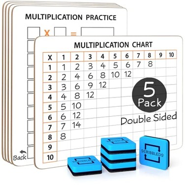 Scribbledo SCRIBBLEDO 5 Pack Dry Erase Multiplication Chart White Board 9 x 12 Multiplication Table Double Sided Times Table Math Manipulatives Whiteboard for Kids Students Classroom 5 Erasers Include