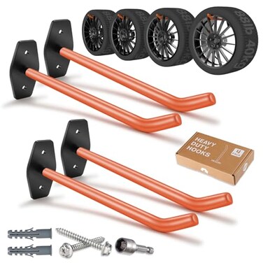 SunVFaFa 4 PCS Garage Hooks Heavy Duty Wall Mount Tire Storage System with AntiSlip Coating Hang Heavy Tools for up to 88Lbs for Bikes Ladders Chairs and Bulky Tools