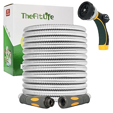 TheFitLife Flexible Metal Garden Hose 75 FT Lightweight Stainless Steel Water Hose with Solid Fittings and Sprayer Nozzle Leak Proof Kink Free Antirust Large Diameter Durable and Easy Storage