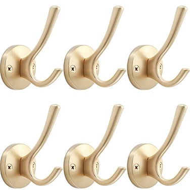 TOFIIGREM Gold Wall Hooks 6 Pack Coat Robe Hook Heavy Duty Metal Double Bath Hook Wall Mounted Hand Towel Hooks for Cubicle Bathroom Kitchen Closet Garage
