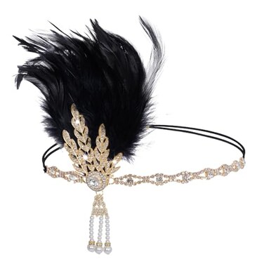Tongcloud 1920s Flapper Feather Headband Roaring 20s Gatsby Headpiece Womens 1920s Headband Flapper Feather Headpiece Black