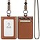 VULKIT ID Badge Holder with Lanyard for Women and Men Vertical Leather Badge Holder with Clear ID Window Card Holder Slot and Money Pocket Brown