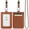 VULKIT ID Badge Holder with Lanyard for Women and Men Vertical Leather Badge Holder with Clear ID Window Card Holder Slot and Money Pocket Brown