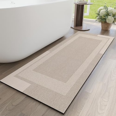 YDKGL Non Slip Long Bathroom Runner Rug Bath Mat Rubber Backing Ultra Thin Bathroom Rugs Fit Under Door Quick Dry Super Absorbent Washable Shower Mat for Bathtub Sink Floor Beige 17x59