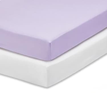 Everyday Kids 2Pack Fitted Crib Sheets 100 Soft Breathable Microfiber Baby Sheet Fits Standard Size Crib Mattress 28in x 52in White Nursery Sheet and Lavender Nursery Sheet