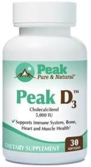 Peak Pure Natural Peak D3 Calciferol Vitamin D3 5000 IU Immune Support Support Heart Health Boost Energy Daily Vitamin for Adults 30 Capsules
