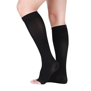 Lin Performance Compression Socks for Women and Men 2030 mmHg Open Toe Knee High Stockings Leg Support for Daily Travel Comfort M Black