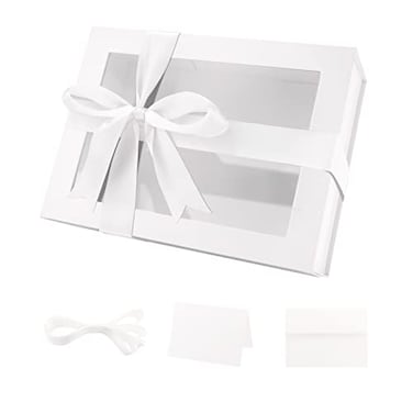 PACKQUEEN White Gift Box with Window 9x65x38 Inches Clear Gift Box for Present Contains Ribbon Card Bridesmaid Proposal Box Mothers Day Gift Boxes with Magnetic Lid Glossy White