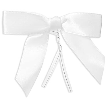 Juvale Twist Tie Bows 100 Count White 3 x 25 in Satin Ribbon PreTied Gift Bows Twist Ties for Cake Crafts