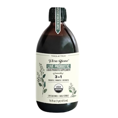 Triquetra Health Flora Biome Live Probiotic Prebiotic Postbiotic Organic LiveCulture 10 Probiotic Strains 18 Fermented Herbs Complete Gut Health Microbiome Optimizer 16 oz