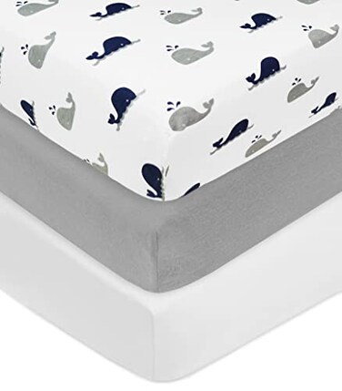 American Baby Company 3 Pack Fitted Crib Sheets 52x28NavyWhaleGrayWhite