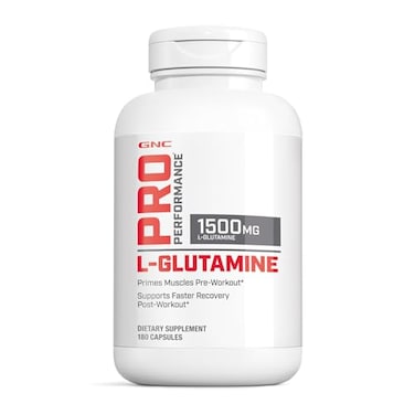 مكمل غذائي من الأحماض الأمينية GNC Pro Performance LGlutamine بتركيز 1500 ملغ، يدعم استشفاء العضلات، ويعزز جهاز المناعة، ويلعب دورًا رئيسيًا في تخليق البروتين. خالٍ من الغلوتين، بدون نكهة، 180 كبسولة.