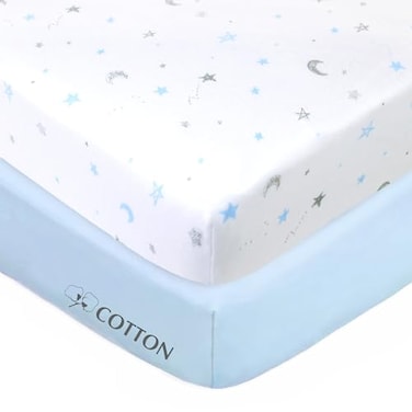 American Baby Company 2 Pack Fitted Crib Sheets 52x28 Blue Stars and Blue