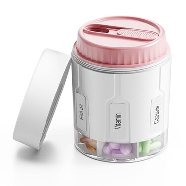 Daviky Pill Bottle Organizer Supplement Organizer with 7 Large Compartments Travel Pill Dispenser Round Pill Box with Two LidsPink