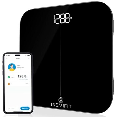 ميزان الحمام الذكي الممتاز من INEVIFIT، ميزان رقمي عالي الدقة يعمل بتقنية البلوتوث لقياس وزن الجسم بدقة، يقيس الوزن ومؤشر كتلة الجسم بدقة لعدد غير محدود من المستخدمين.