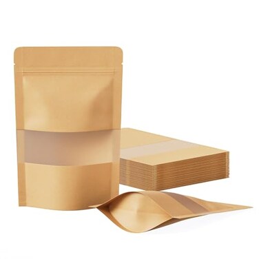 FireKylin 100 Pcs Resealable Bags Paper Stand Up Pouches Bags with Matte Window for Small Businness Zipper Heat Sealable Treat Bags for Packaging Inner Size 33 x 35 Outer Size 39 x 59