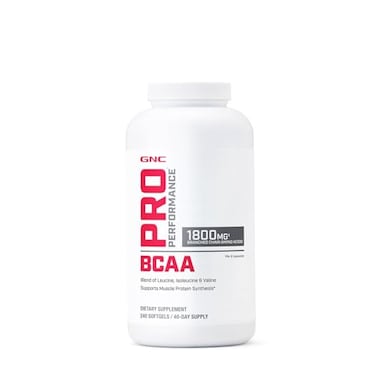 مكمل غذائي GNC Pro Performance BCAA بوزن 18 غرام، تم اختباره من قبل جهة خارجية، للرجال والنساء. يحتوي على أحماض أمينية متفرعة السلسلة، وأحماض أمينية أساسية، ويدعم بناء بروتين العضلات. 240 كبسولة هلامية. 40 كبسولة هلامية.