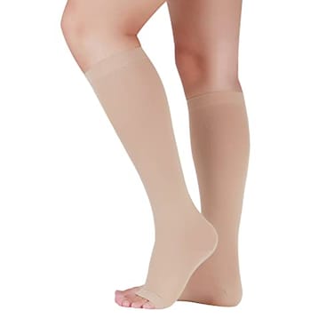 Lin Performance Compression Socks for Women and Men 2030 mmHg Open Toe Knee High stockings Leg Support for Daily Travel Comfort XXL Beige
