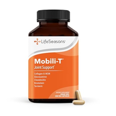 مكمل LifeSeasons MobiliT لدعم المفاصل يقلل الآلام والانزعاجات، ويزيد من نطاق الحركة، ويعيد بناء أنسجة الغضروف. يحتوي على: ميثيل سلفونيل ميثان، كوندرويتين، كولاجين، جلوكوزامين، وكركم. 208 كبسولة