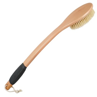 فرشاة تنظيف الظهر من أويزي للاستحمام، شعيرات طويلة وصلبة، فرشاة استحمام للجسم، مقبض خشبي طويل منحني، مقشر للبشرة للرجال والنساء، للاستخدام الجاف أو الرطب