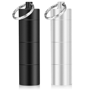 Opret 2 Pack Keychain Pill Holder 3 Compartments Metal Small Pill Case Waterproof Portable Travel Pill Box Pill Container for Purse Matte Black Silver