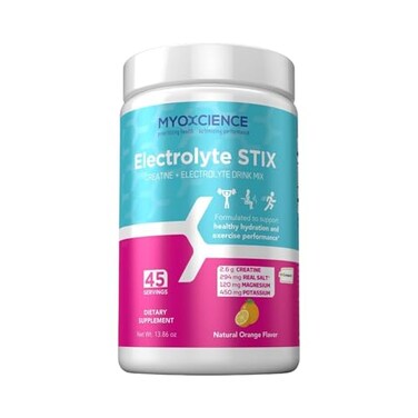 مسحوق إلكتروليت MYOXCIENCE Electrolyte STIX، كرياتين، إلكتروليت، للتعافي بعد التمرين، لتنمية العضلات، مع ملح طبيعي، بنكهة البرتقال الطبيعية، عبوة 45 قطعة