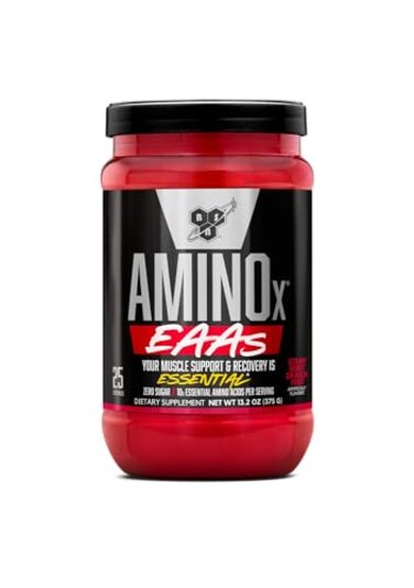 مكمل غذائي BSN Amino X EAAs لتعزيز استشفاء العضلات وتحسين القدرة على التحمل، يحتوي على 10 غرام من الأحماض الأمينية الأساسية و5 غرام من الأحماض الأمينية المتفرعة السلسلة (BCAAs)، خالٍ من السكر والكافيين، بنكهة الفراولة وفاكهة التنين، 132 أونصة، 25 حصة.