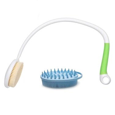 Fanwer 275 Back Bath Brush Long Handle for Shower and Silicone Body Scrubber Shower Back Scrubber with Curved Handle for Elderly Disabled Limited Mobility PostSurgery Frozen Shoulder