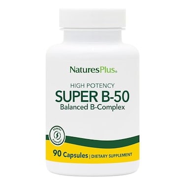 مكمل غذائي NaturesPlus Super B50 عالي الفعالية، يحتوي على فيتامينات ب المركبة مع الكولين والإينوزيتول وحمض بارا أمينوبنزويك، يدعم استعادة الطاقة، ويحافظ على صحة البشرة والشعر. نباتي، خالٍ من الغلوتين. 90 كبسولة، 90 حصة.