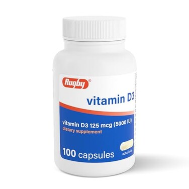 RUGBY LABORATORIES Rugby Vitamin D3 5000 IU 125 mcg Vitamin D Dietary Supplement for Bone Teeth and Immune Health 100 Capsules