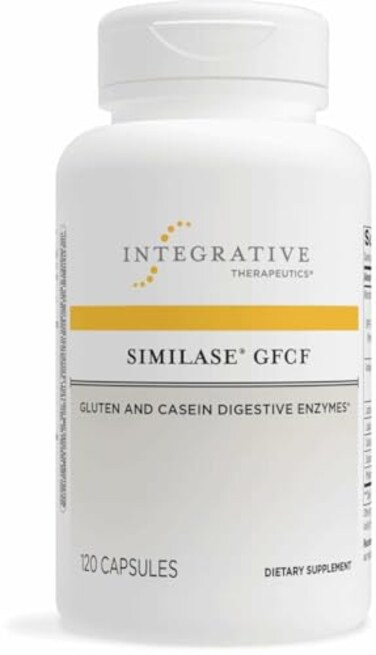 مكمل إنزيمي هضمي من شركة Integrative Therapeutics، سيميلاز، خالٍ من الغلوتين والكازين، للبالغين. يدعم هضم الكازين والغلوتين، ويخفف الغازات والانتفاخ. خالٍ من منتجات الألبان، نباتي. ١٢٠ كبسولة، ٦٠ حصة.