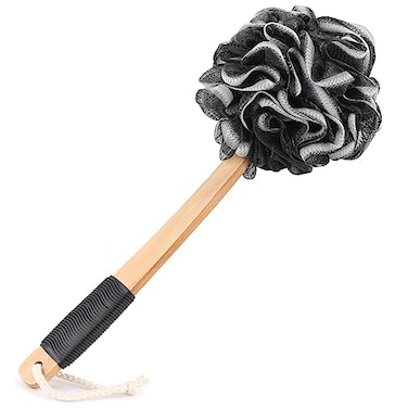 forenee Black Loofah on a Stick PE Soft Mesh Luffa with NonSlip Wooden Handle Made of Soft and Sturdy Rubber Material Back Scrubber for Shower for Women and Men with String for Easy Hanging