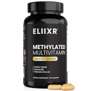 Eliixr Methylated Multivitamin Iron Free Active B Complex with Methyl B12 5MTHF Folate CoQ10 Zinc D3 K2 Energy Brain Metabolism Daily Vitamin for Men Women 90 Capsules