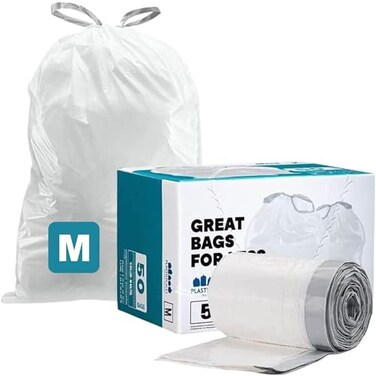 Plasticplace Custom Fit Trash Bags Compatible with simplehuman Code M 50 Count White Drawstring Garbage Liners 12 Gallon 45 Liters 21 x 305