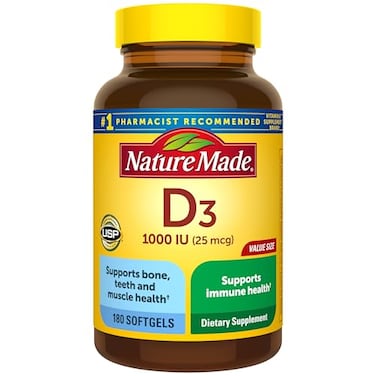 Nature Made Vitamin D3 1000 IU 25 mcg Vitamin D Supplement for Bone Muscle and Immune Health Support 180 Softgels