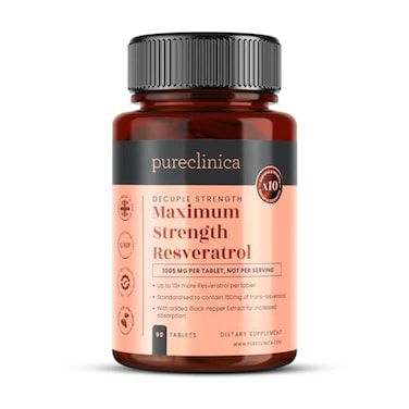 pureclinica 1000mg Resveratrol x 90 Tablets 3 Months Supply 10 x Strength with Black Pepper Extract for Faster Absorption