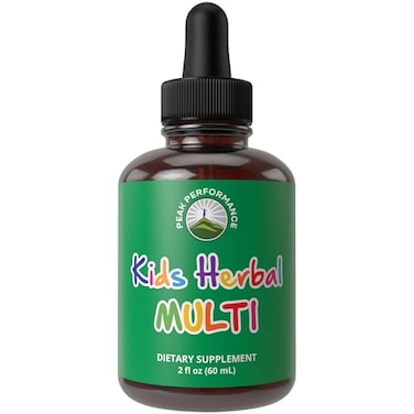 Peak Performance Kids Vitamins from Herbs Liquid Kids Herbal Multivitamin Sugar Free 14in1 Vegan Supplement Drops for Toddlers Children Teens No Taste When Mixed with Water 2 fl oz