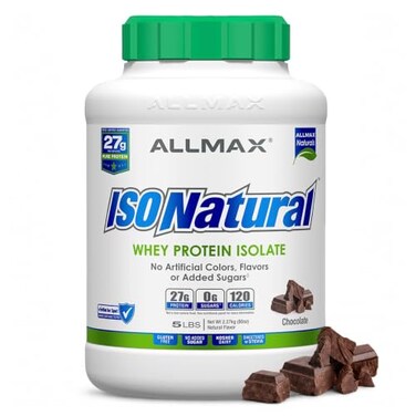 مسحوق بروتين مصل اللبن المعزول ALLMAX ISONATURAL، 27 غرام بروتين لكل مغرفة، خالي من السكر، خالي من الدهون، خالي من اللاكتوز، خالي من الغلوتين، بدون نكهات اصطناعية، بنكهة الشوكولاتة، 73 حصة، 5 أرطال