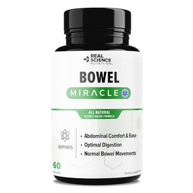 مكمل غذائي Real Science Bowel Miracle لدعم صحة الأمعاء وراحة الجهاز الهضمي، يحتوي على فيتامينات Vinitrox GABA لراحة البطن، دعم يومي للجهاز الهضمي، صنع في الولايات المتحدة الأمريكية، 60 كبسولة.