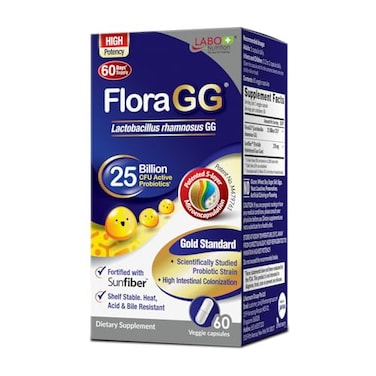 مكمل غذائي LABO Nutrition FloraGG Probiotic، يحتوي على 25 مليار وحدة تشكيل مستعمرة من بكتيريا لاكتوباسيلوس رامنوسوس المغلفة ميكروياً مع ألياف Sunfiber البريبايوتيكية القابلة للذوبان، لدعم صحة الجهاز الهضمي والمناعة، 60 كبسولة