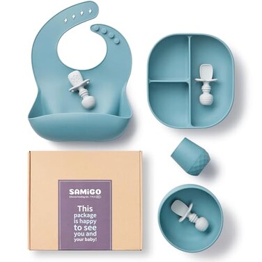 SAMiGO Silicone Baby Feeding Set Baby Led Weaning Supplies Suction Bowl Plate Bib Cup Self Feeding Spoons Solid Food Eating Essentials First Stage Utensils 6 Months