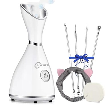 AOEDEO Face Steamer for Facial Deep Cleaning Nano Ionic Face Steamer Warm Mist Humidifier Home Sauna SPA Face with 4 Piece Stainless Steel Skin KitHair BandWash Face Sponge