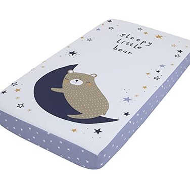 NoJo Goodnight Sleep Tight White and Blue Bear Moon and Star 100 Cotton Photo Op Fitted Crib Sheet