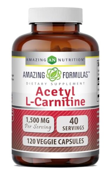 مكمل غذائي Amazing Nutrition Amazing Formulas أسيتيل إل-كارنيتين 1500 ملغ لكل جرعة، كبسولات نباتية، غير معدلة وراثيًا، خالية من الغلوتين، صنع في الولايات المتحدة الأمريكية، عبوة واحدة تحتوي على 120 كبسولة