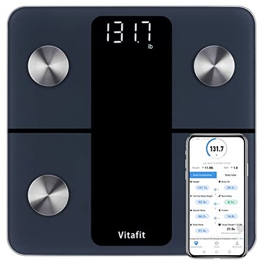 ميزان فيتافيت الذكي لقياس وزن الجسم بدقة عالية تصل إلى 0.1 رطل، من إنتاج مصنعنا المتخصص منذ عام 2001. ميزان وزن متزامن مع التطبيق. يعرض 13 مكونًا للجسم مع مؤشر كتلة الجسم ونسبة الدهون والعضلات. يتحمل وزنًا يصل إلى 400 رطل. شاشة LED سوداء