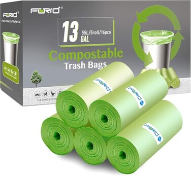 FORID Compostable Trash Bags 13 Gallon Tall Kitchen Garbage Bags 80 Count Unscented Trash Can Liners 55 Liter Medium Wastebasket Bags for Bathroom Home Bedroom Office Garbage Can 5RollsGreen